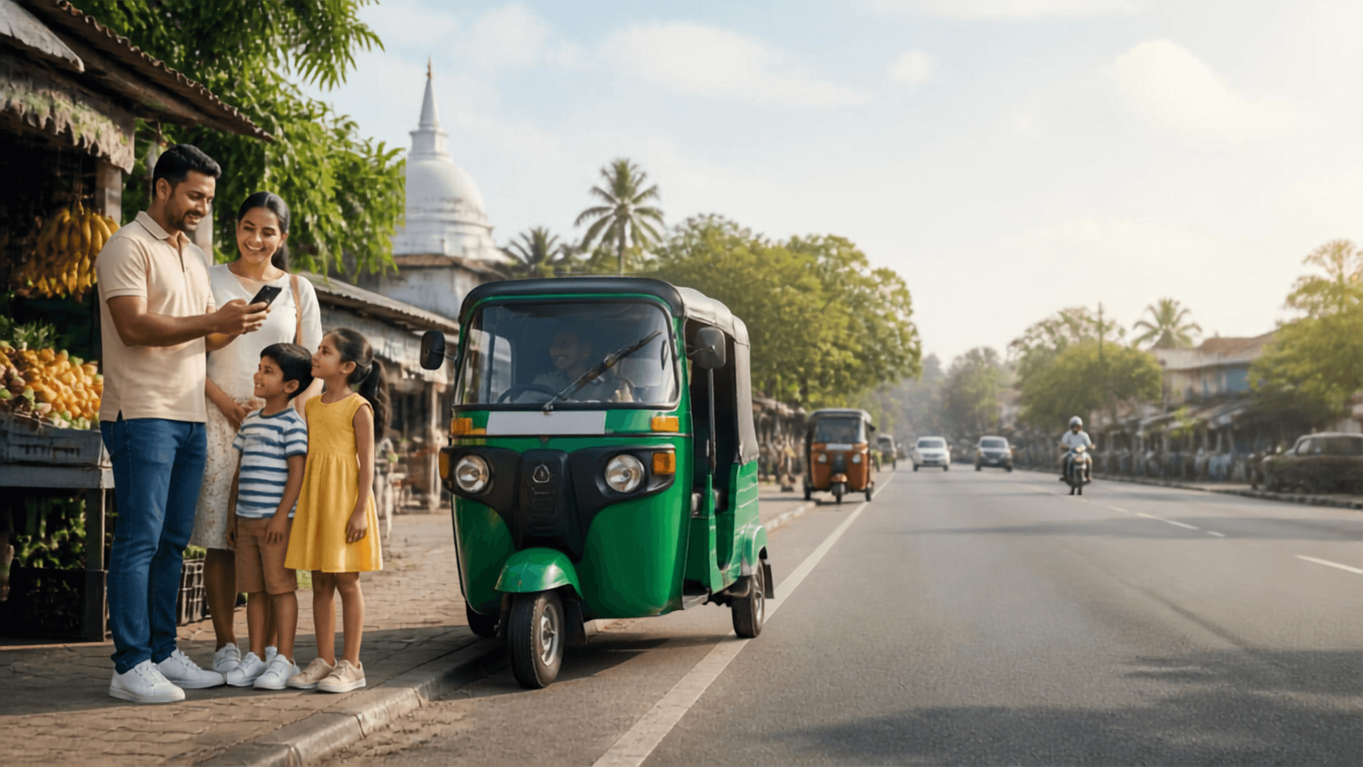 A family waiting for a tuk-tuk on a Sri Lankan street
