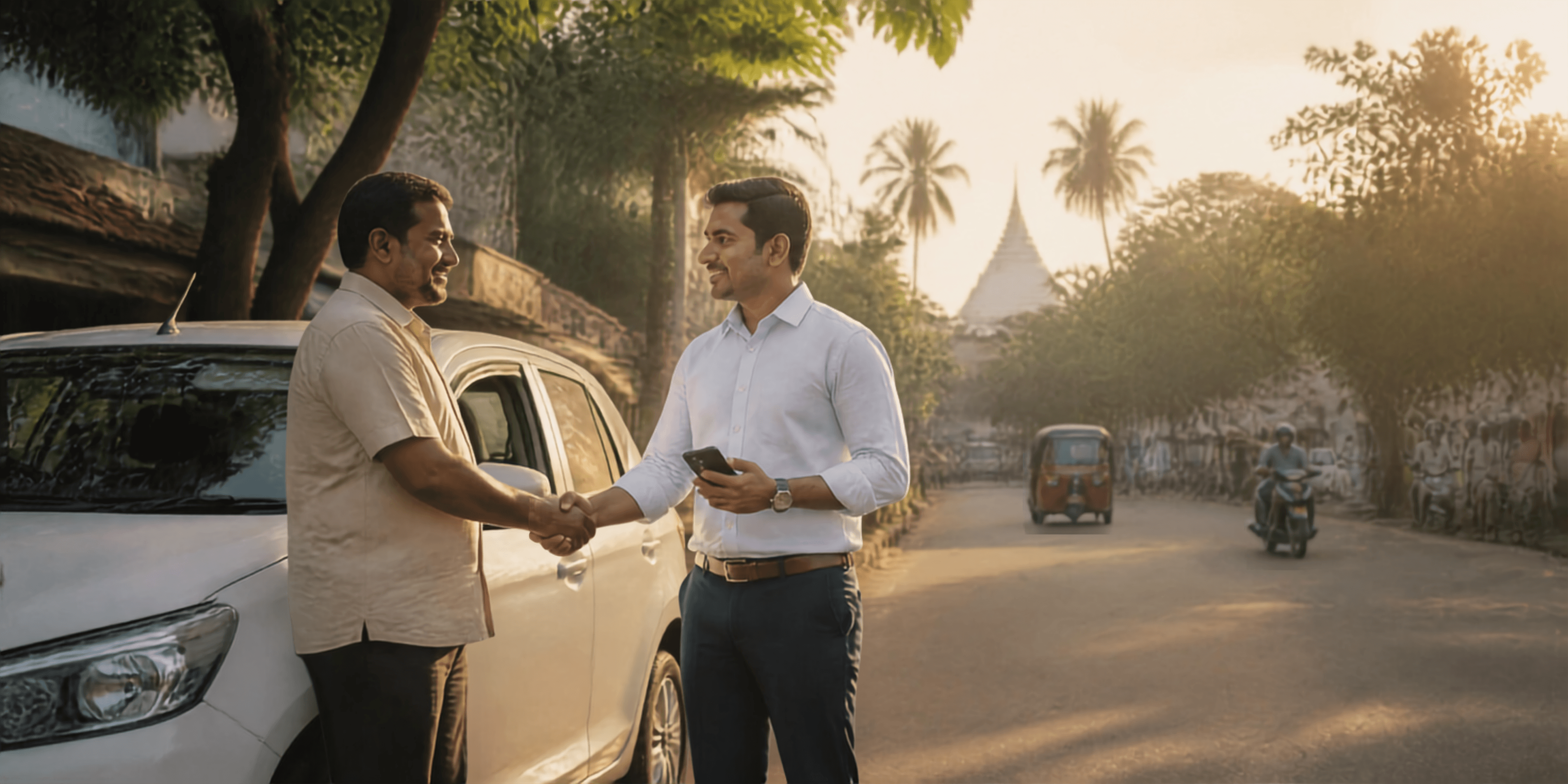 Two men shaking hands beside a car on a Sri Lankan street